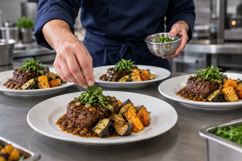 Cocinero de +FOOD emplatando en la cocina centralizada